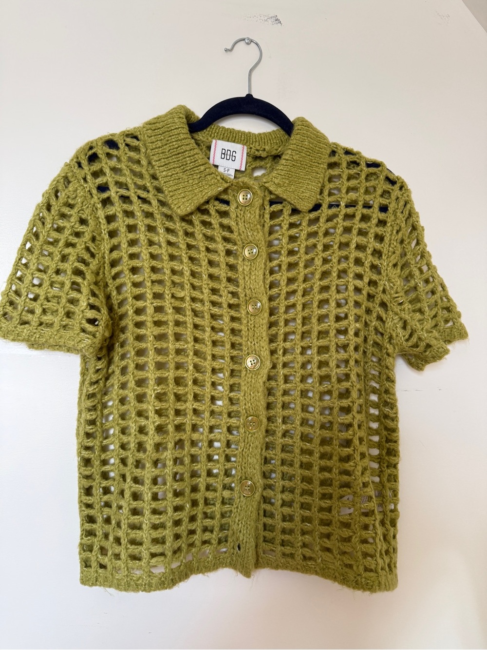 BDG Olive Open Knit Crochet Short Sleeve Cardigan Sweater Size S/P